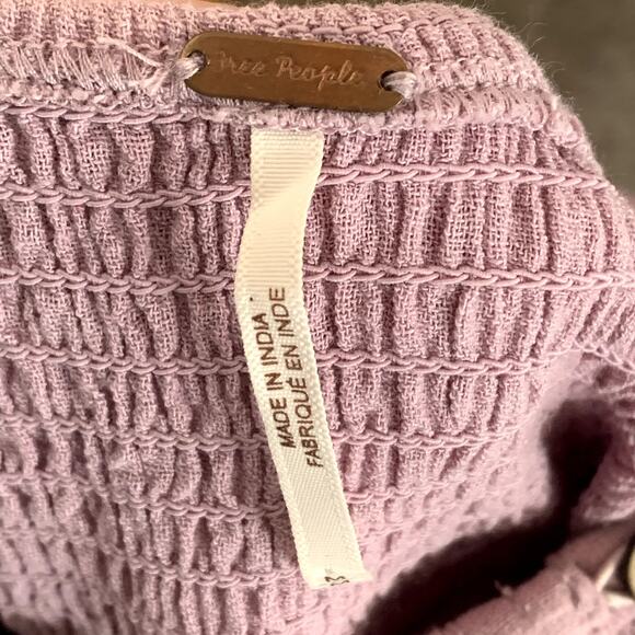 Free People Summer Picnic Smocked Balloon Sleeve Mini Dress in Purple Pink - Picture 10 of 15